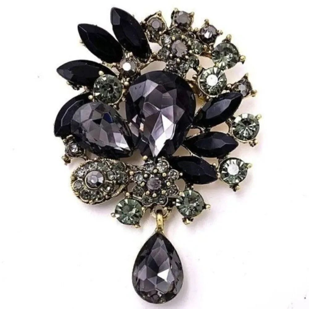 Yellow Gold with Black Onyx and Gray Austrian Crystal Flower Teardrop Brooch